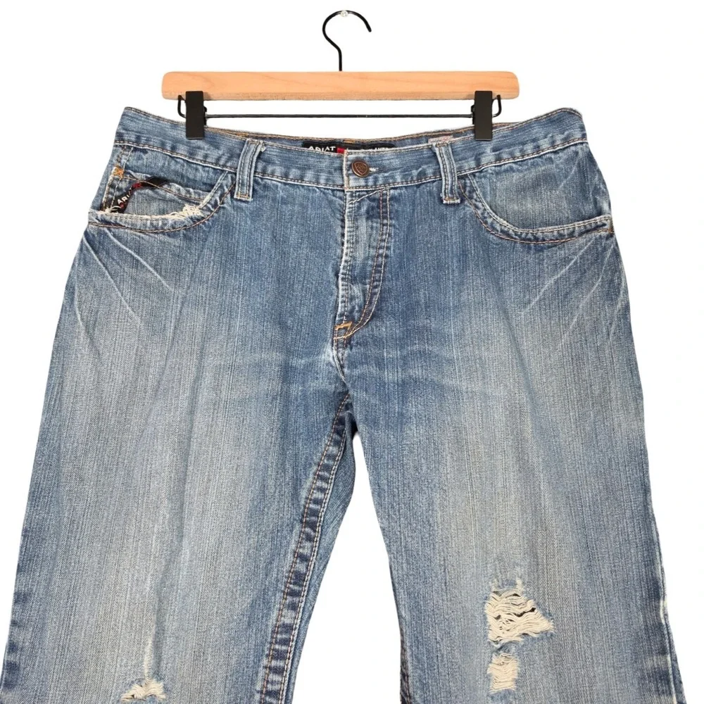 Ariat M4 Relaxed Boot CAT 2 FR Jeans Mens 35x34 Blue Distressed‎ Workwear Job